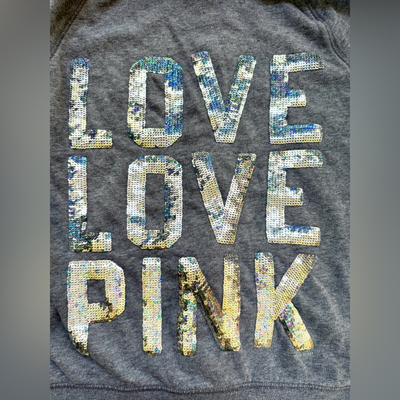 PINK Y2K Victorias Secret Gray Silver Sequin Bling LOVE Zip Sweater Hoodie XS - Picture 2 of 8